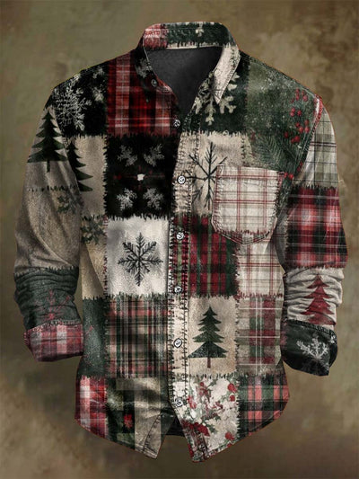Christmas Snowflake Plaid Print Casual Long-Sleeve Shirt