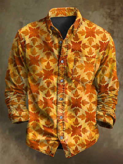 Retro Fall Maple Leaf Print Casual Long-Sleeve Shirt