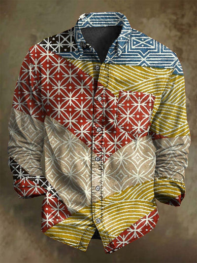 Retro Patchwork Asymmetrical Print Casual Long-Sleeve Shirt