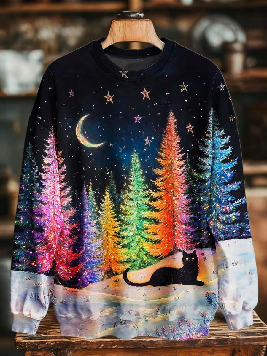 Cute Christmas Cat Print Casual Crewneck Sweatshirt