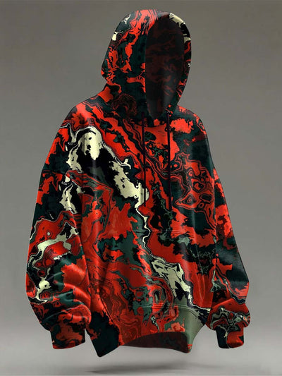 Abstract Color-Block Print Casual Hooded Sweatshirt