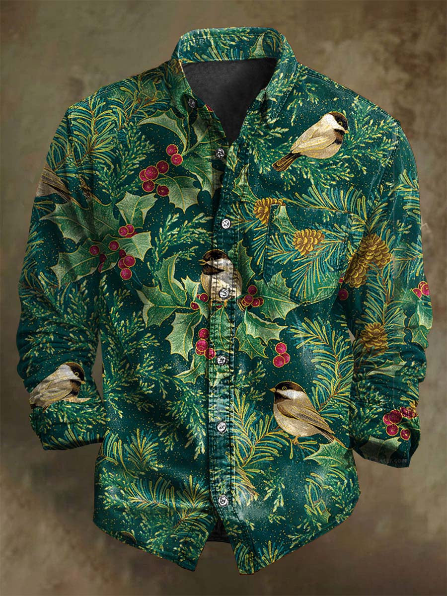 Christmas Holly Bird Print Casual Long-Sleeve Shirt