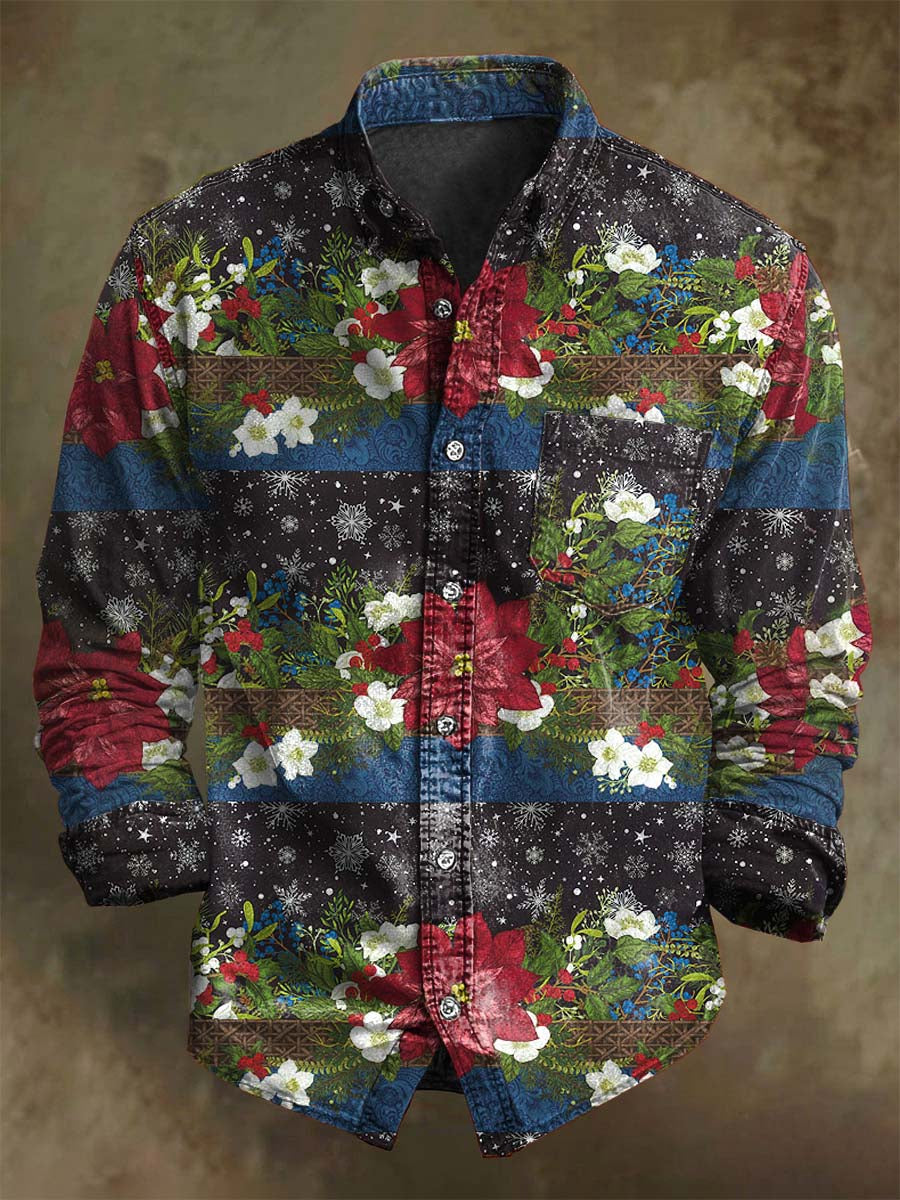 Christmas Floral Print Casual Long-Sleeve Shirt