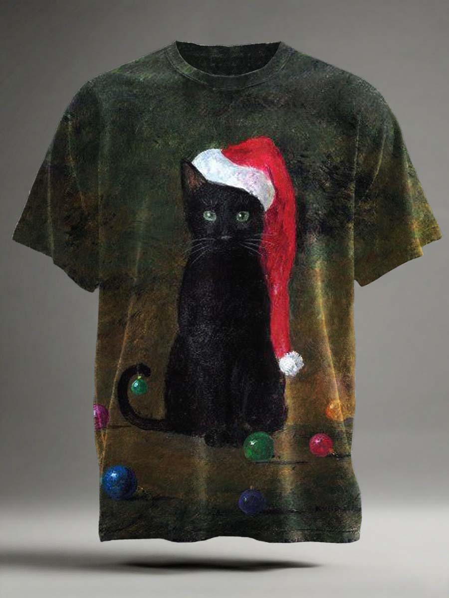 Christmas Cat Print Casual Short-Sleeve T-Shirt