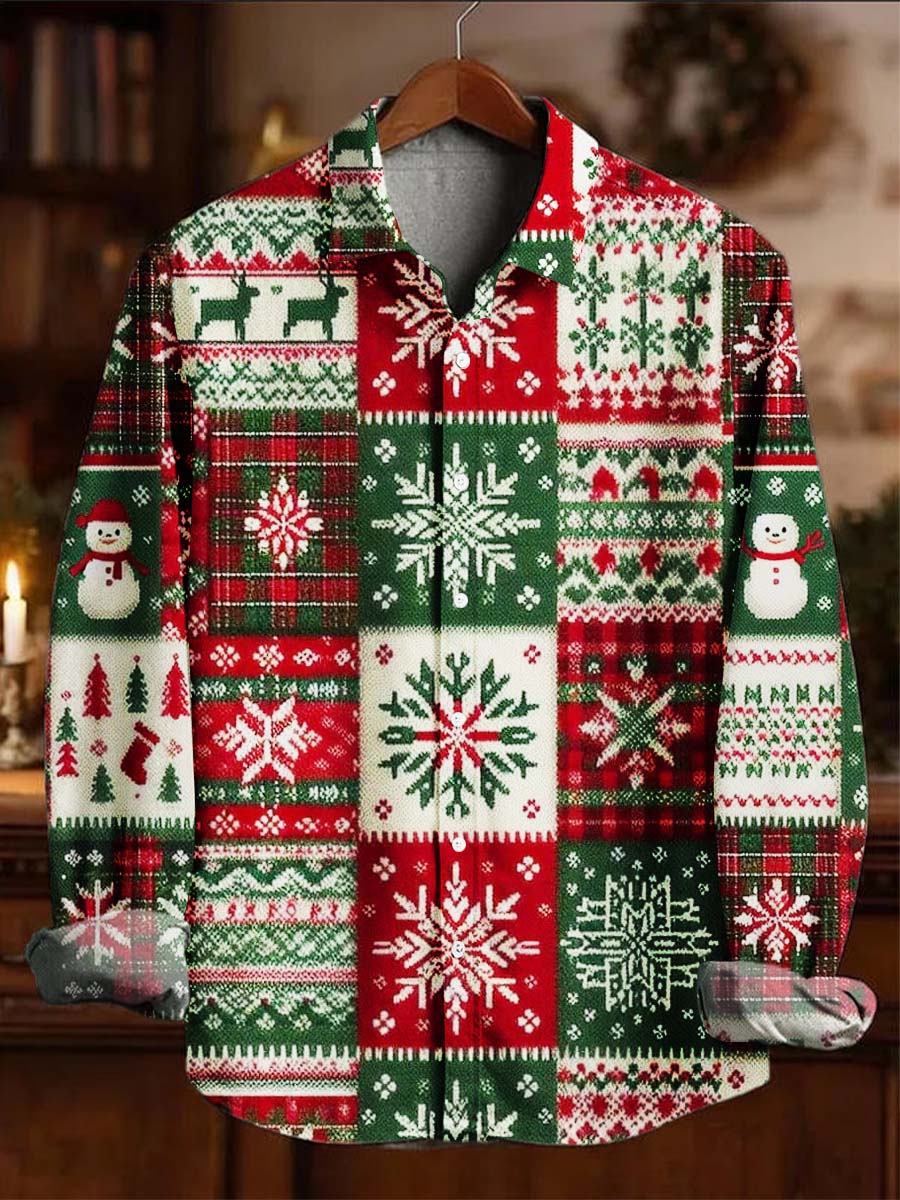 Christmas Patchwork Plaid Print Casual Long-Sleeve Shirt