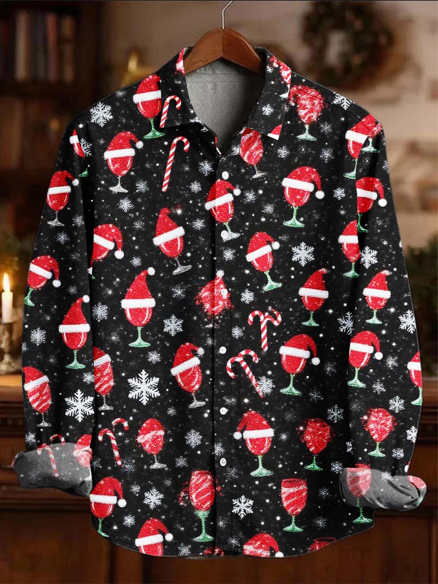 Christmas- Wine Glass Print Casual Long-Sleeve Shirt