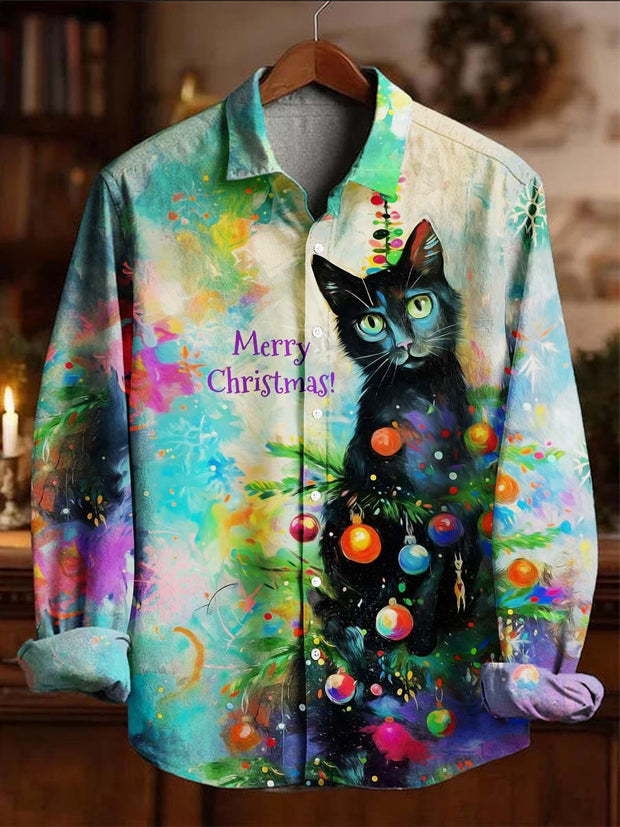 Christmas Cat Print Casual Long-Sleeve Shirt