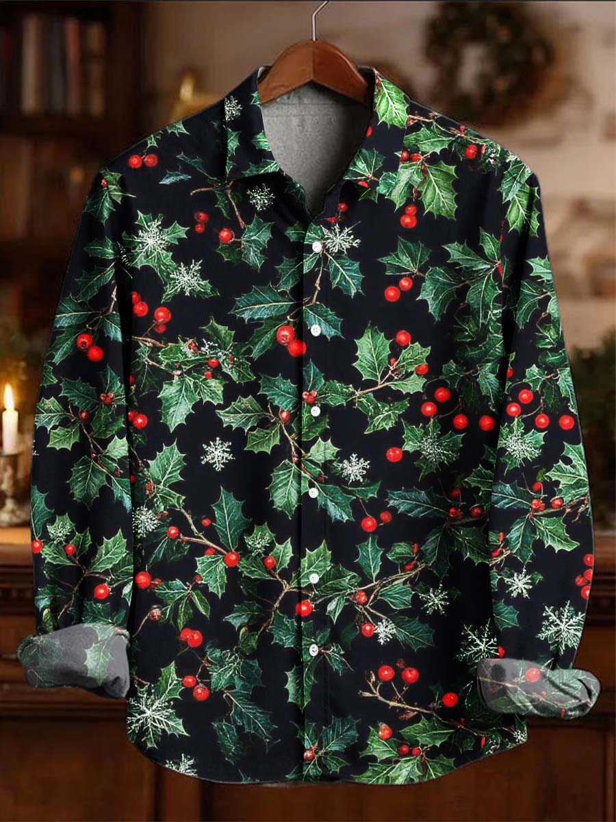 Christmas Holly Print Casual Long-Sleeve Shirt