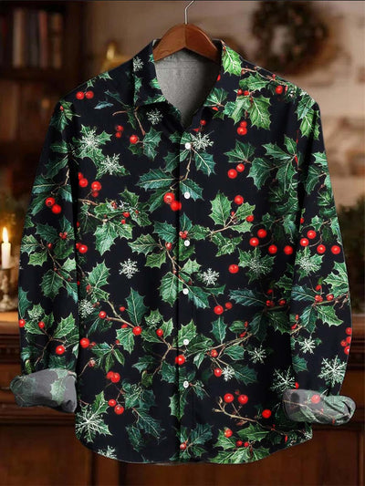 Christmas Holly Print Casual Long-Sleeve Shirt