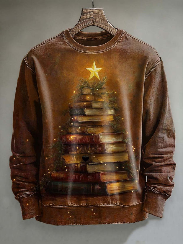 Christmas Vintage Book Tree Print Casual Crewneck Sweatshirt