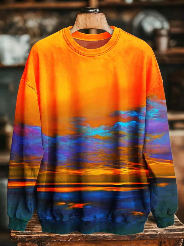 Abstract Sunset Oil Painting Landscape Print Casual Crewneck Sweatshirt