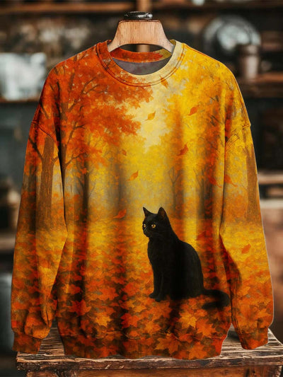 Fall Black Cat Print Casual Crewneck Sweatshirt