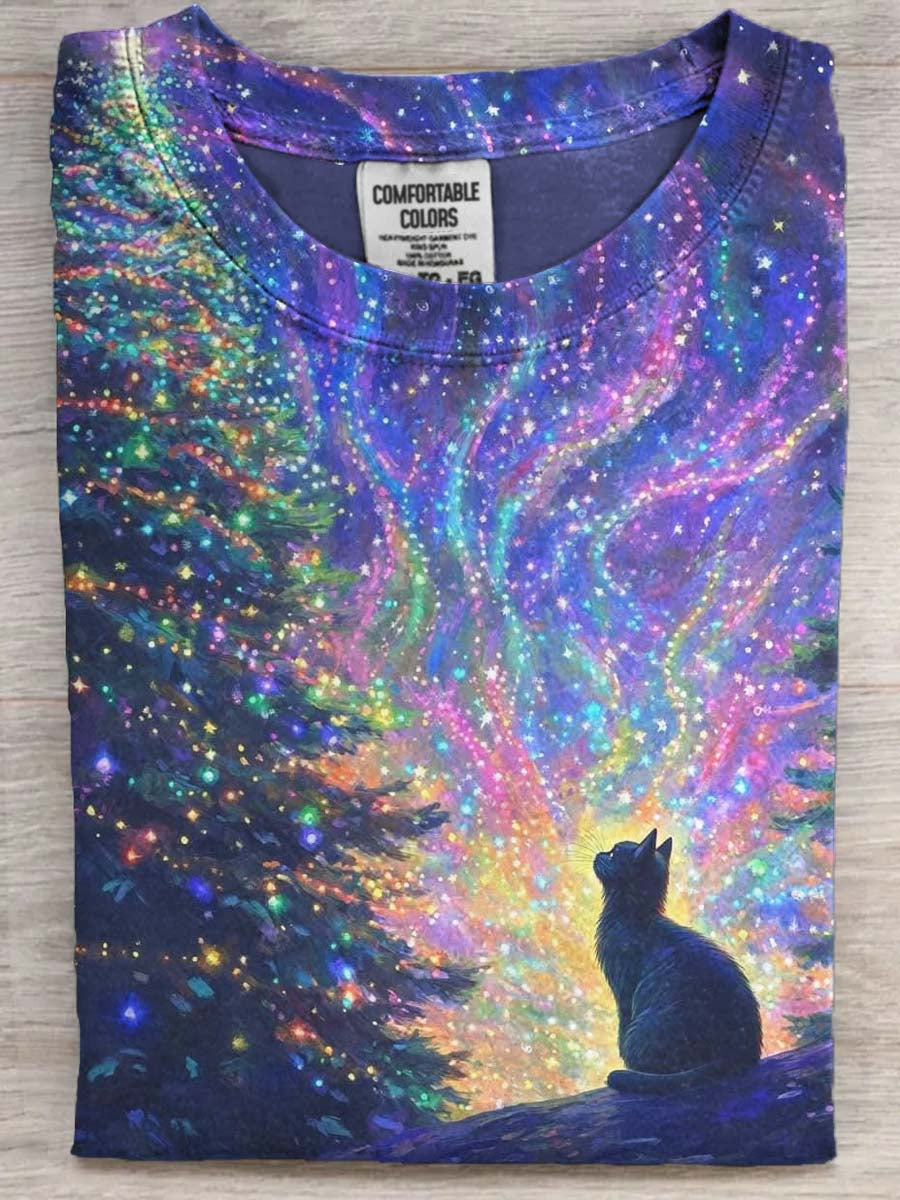 Christmas Cat Print Casual Short-Sleeve T-Shirt