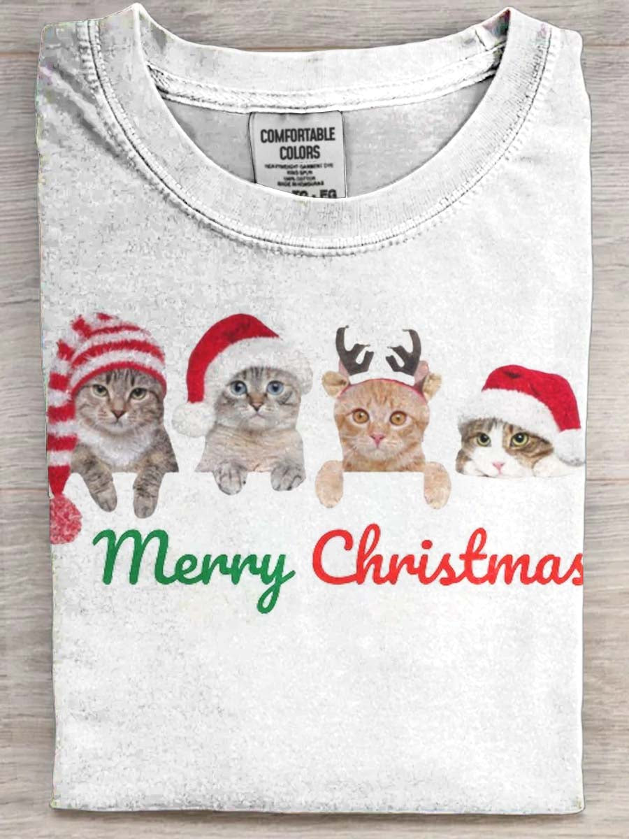 Christmas Cat Print Casual Short-Sleeve T-Shirt