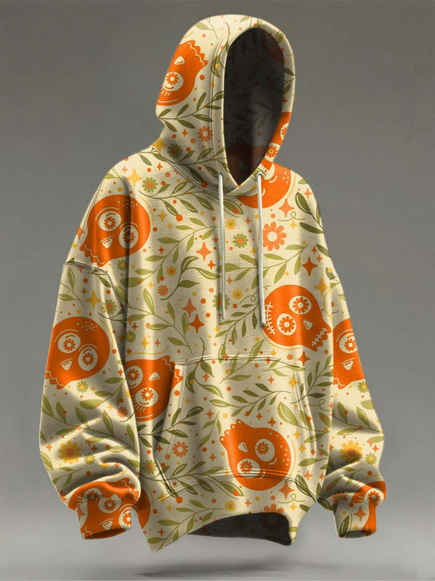Orange Sugar Green Plant Print Casual Hooded Sweatshirt