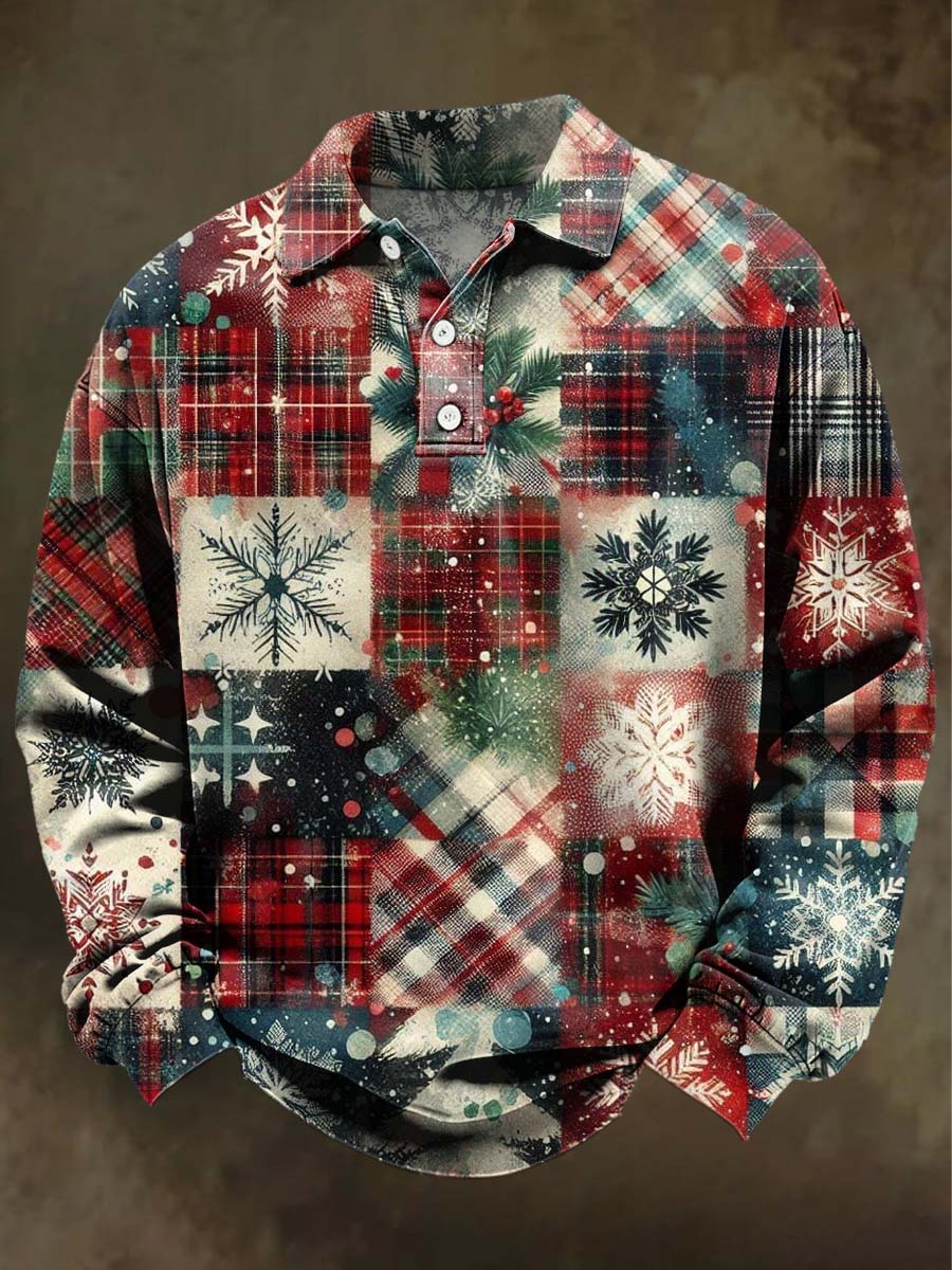 Christmas Plaid Print Casual Long-Sleeve Polo Shirt