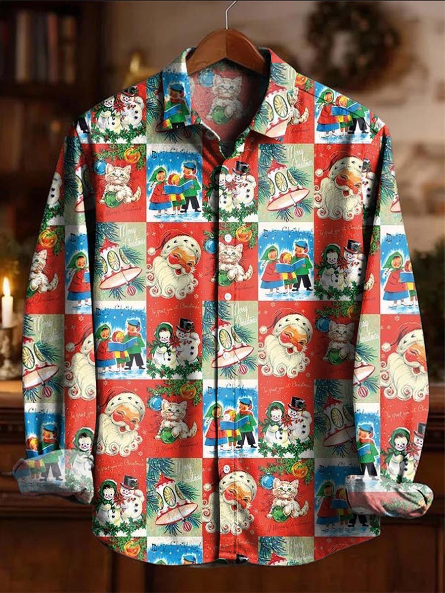 Retro Christmas Print Casual Long-Sleeve Shirt