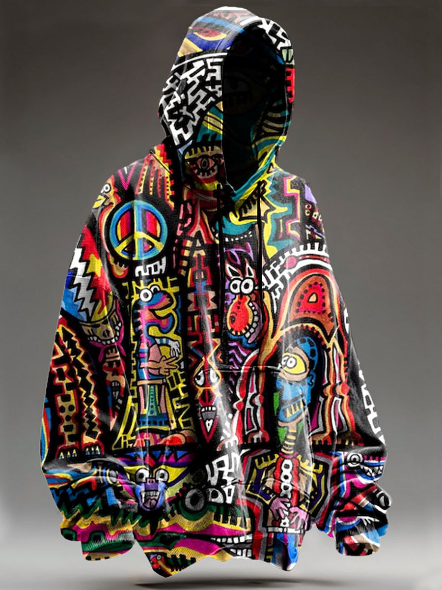 Abstract Doodle Print Casual Hooded Sweatshirt