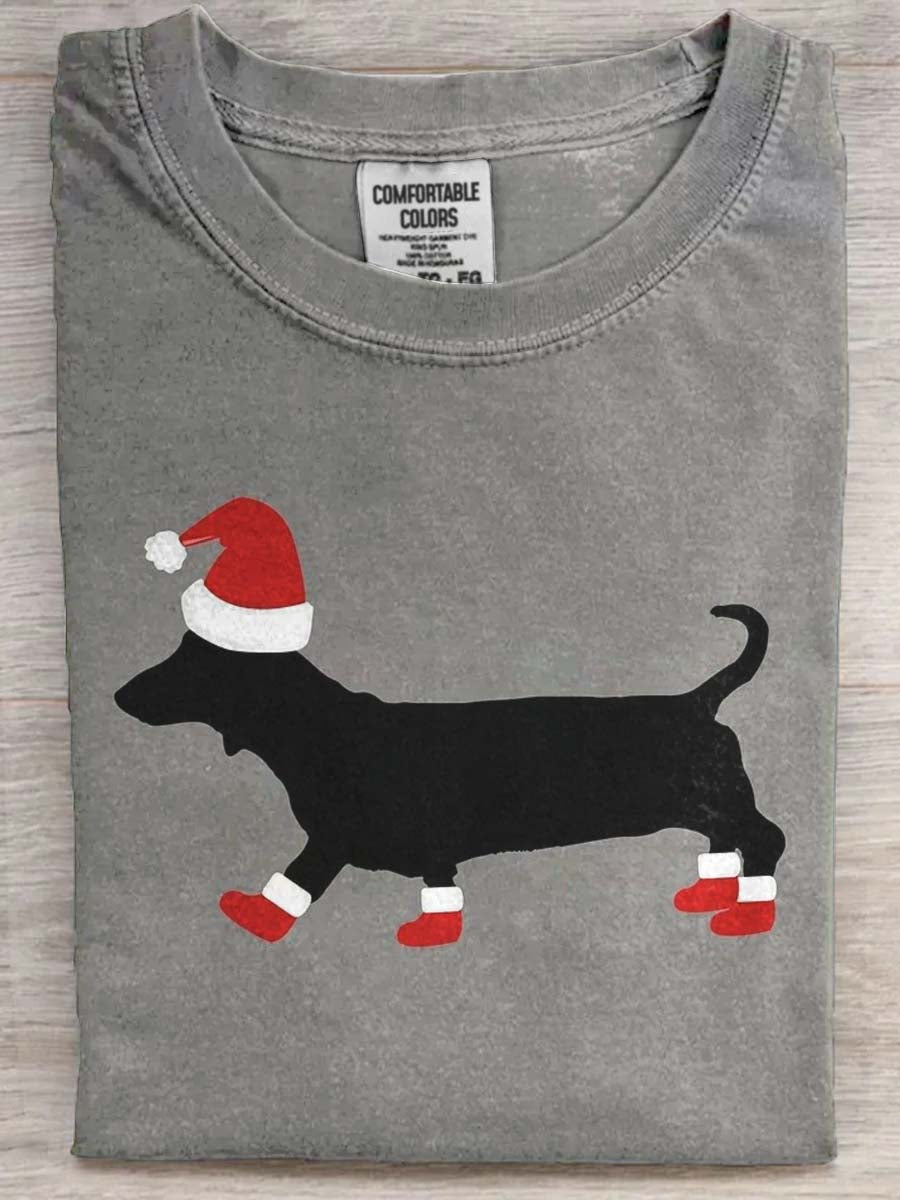 Christmas Dachshund Print Casual Short-Sleeve T-Shirt
