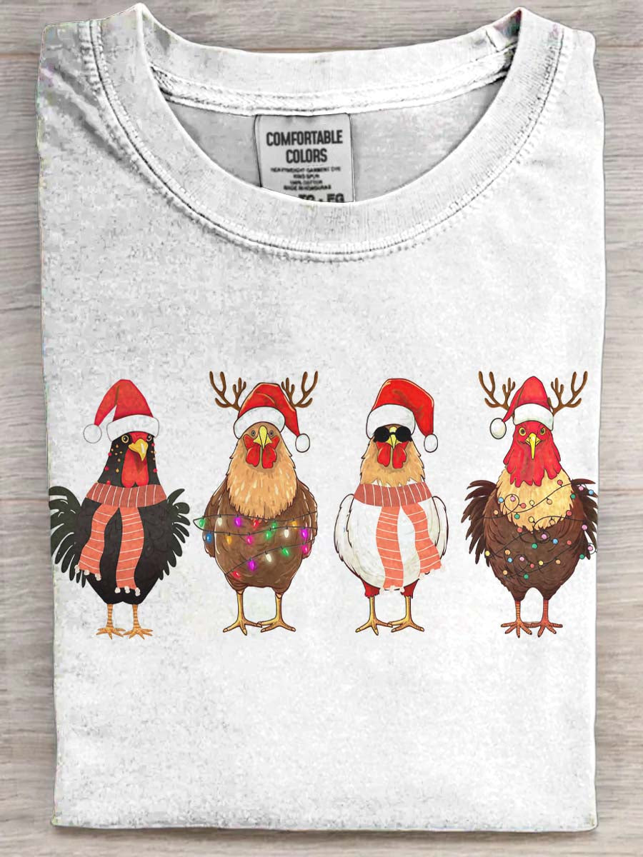 Christmas Chick Print Casual Short-Sleeve T-Shirt