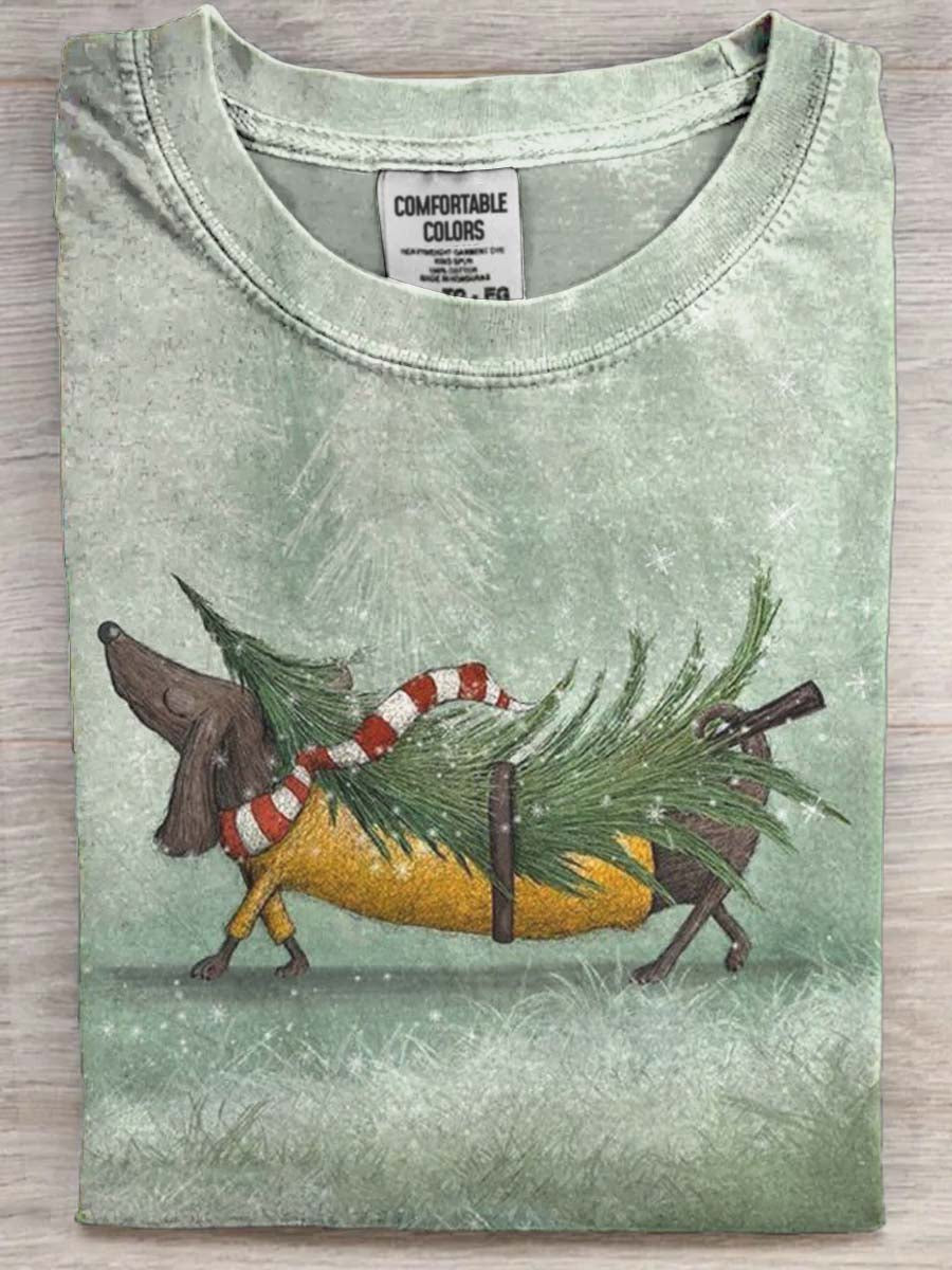 Christmas Dachshund Print Casual Short-Sleeve T-Shirt