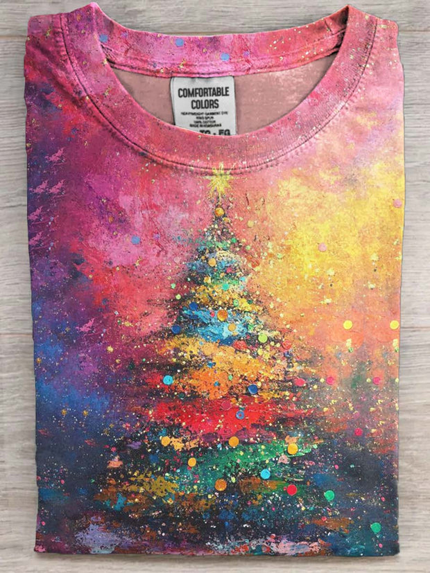 Oil Painting Colorful Christmas Tree Print Casual Short-Sleeve T-Shirt