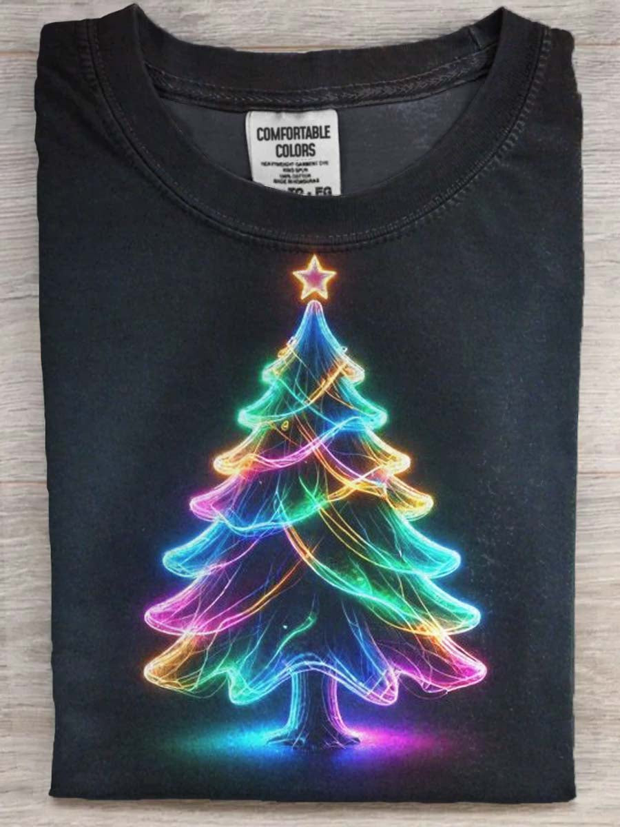 Fluorescent Christmas Tree Print Casual Short-Sleeve T-Shirt