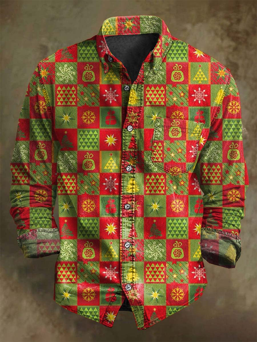 Christmas Patchwork Plaid Print Casual Long-Sleeve Shirt