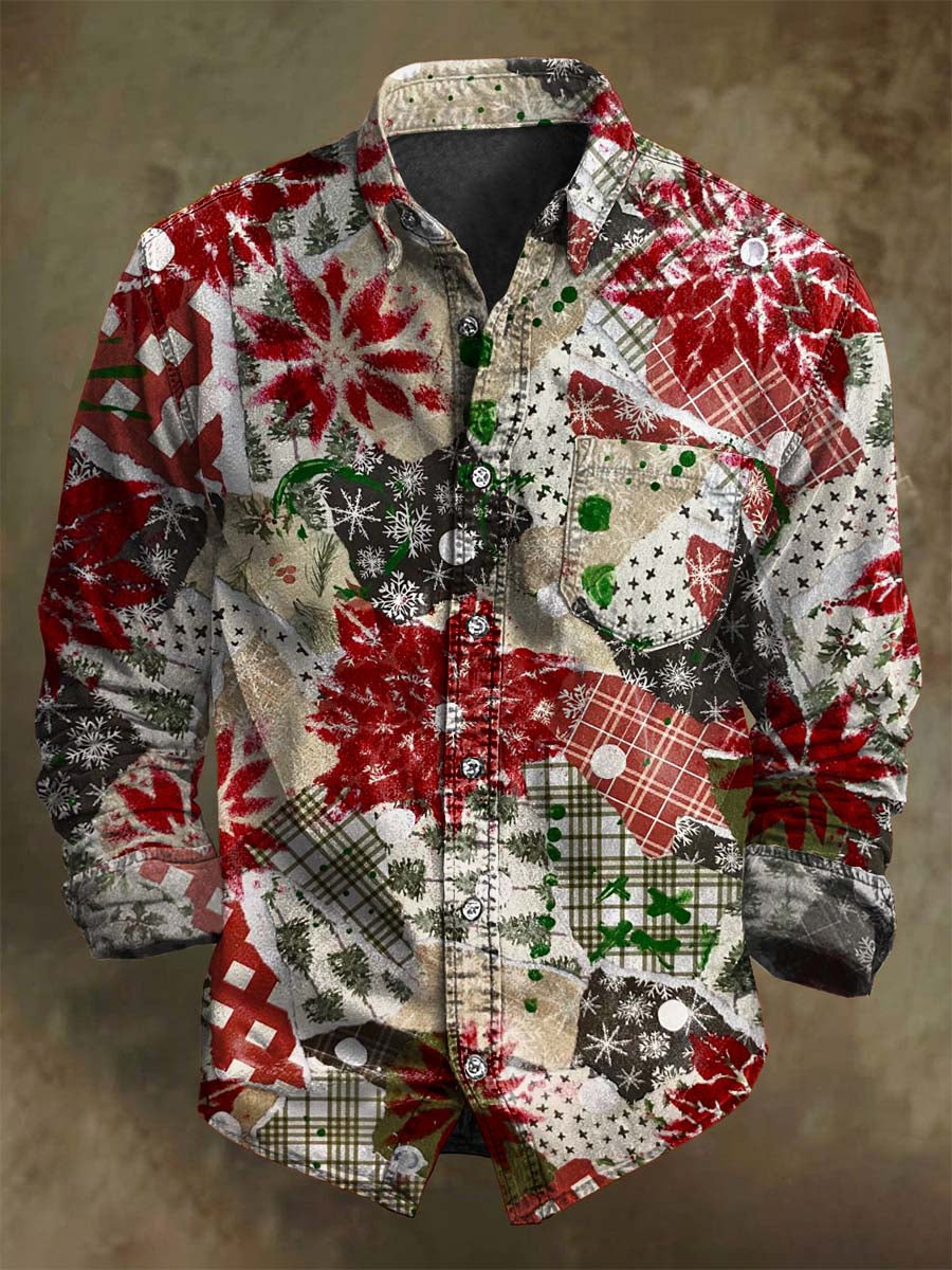 Vintage-inspired Christmas Patchwork Print Casual Long-Sleeve Shirt
