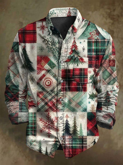 Vintage-inspired Christmas Patchwork Print Casual Long-Sleeve Shirt