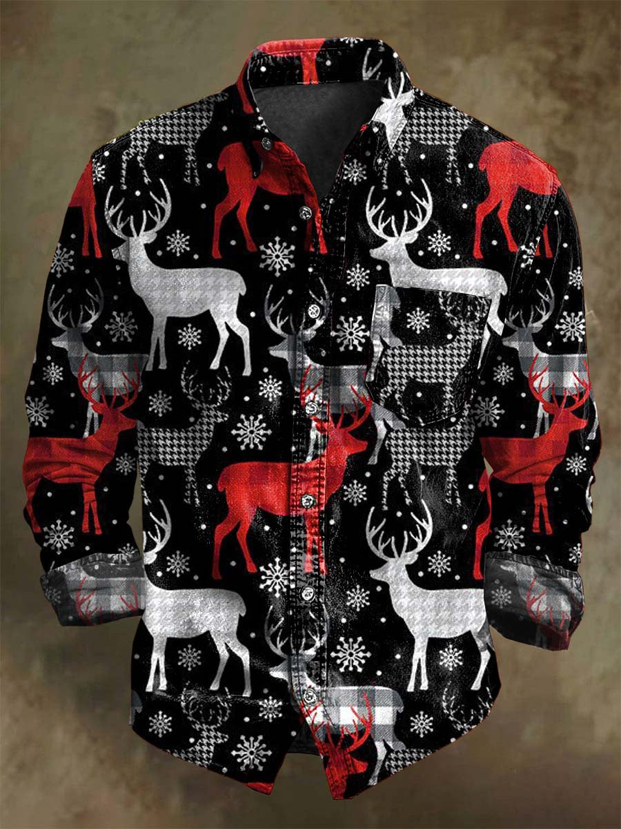 Christmas Reindeer Snowflake Print Casual Long-Sleeve Shirt