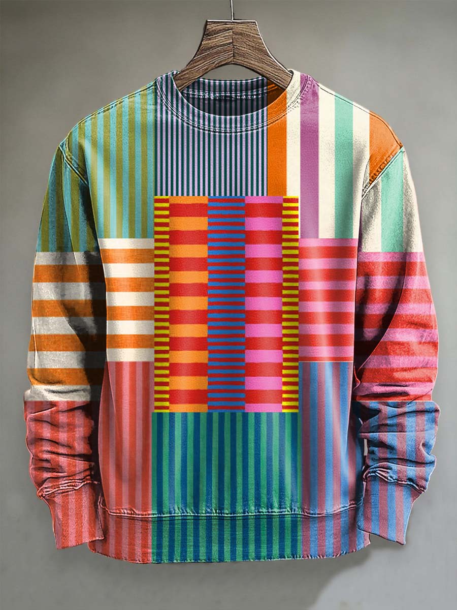 Retro Irregular Striped Print Casual Crewneck Sweatshirt