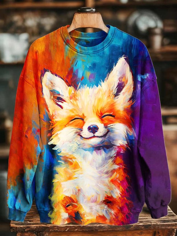 Abstract Fox Print Casual Crewneck Sweatshirt