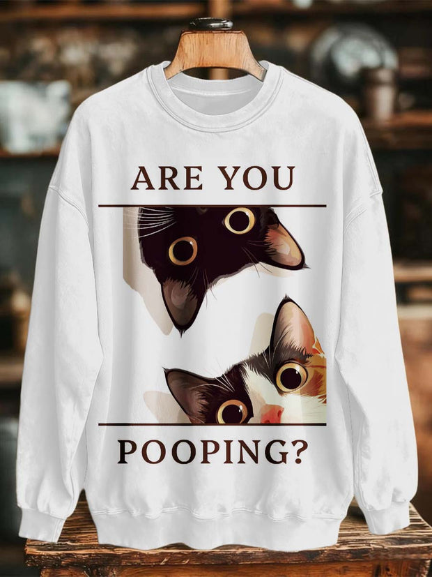 Funny Cat, Are You Pooping? Printed Casual Crewneck Sweatshirt