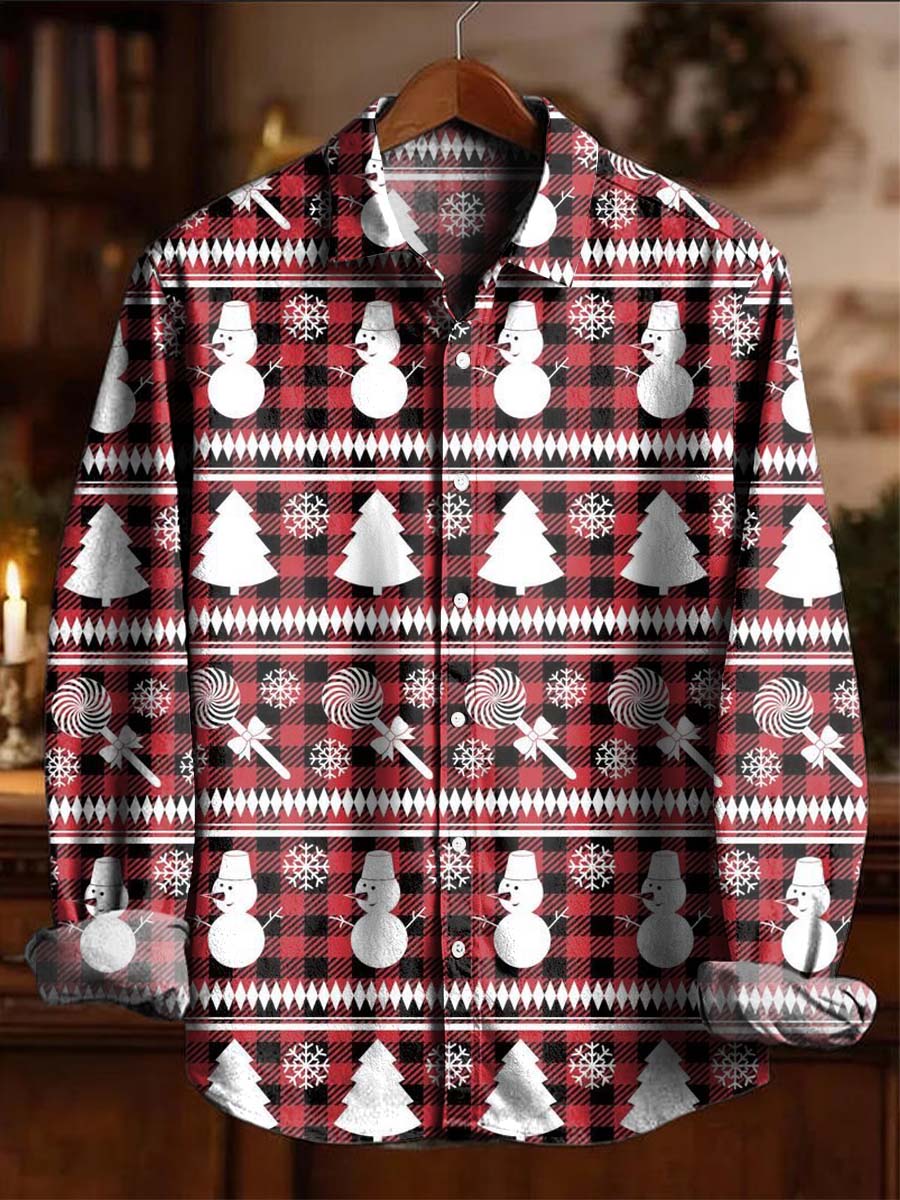 Christmas Snowman Christmas Tree Plaid Print Casual Long-Sleeve Shirt