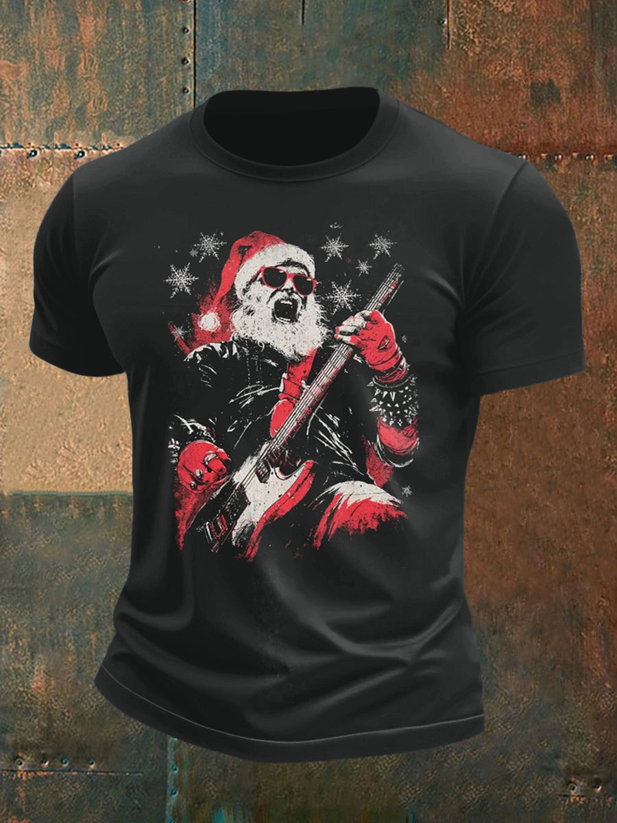 Christmas Rock Guitar Santa Print Short Sleeve T-Shirt