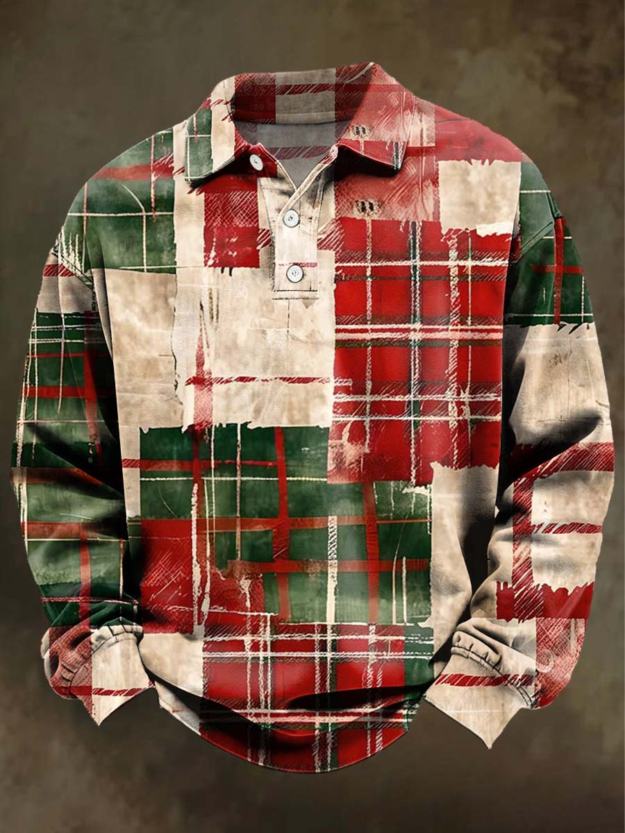 Retro Christmas Plaid Print Casual Long-Sleeve Polo Shirt