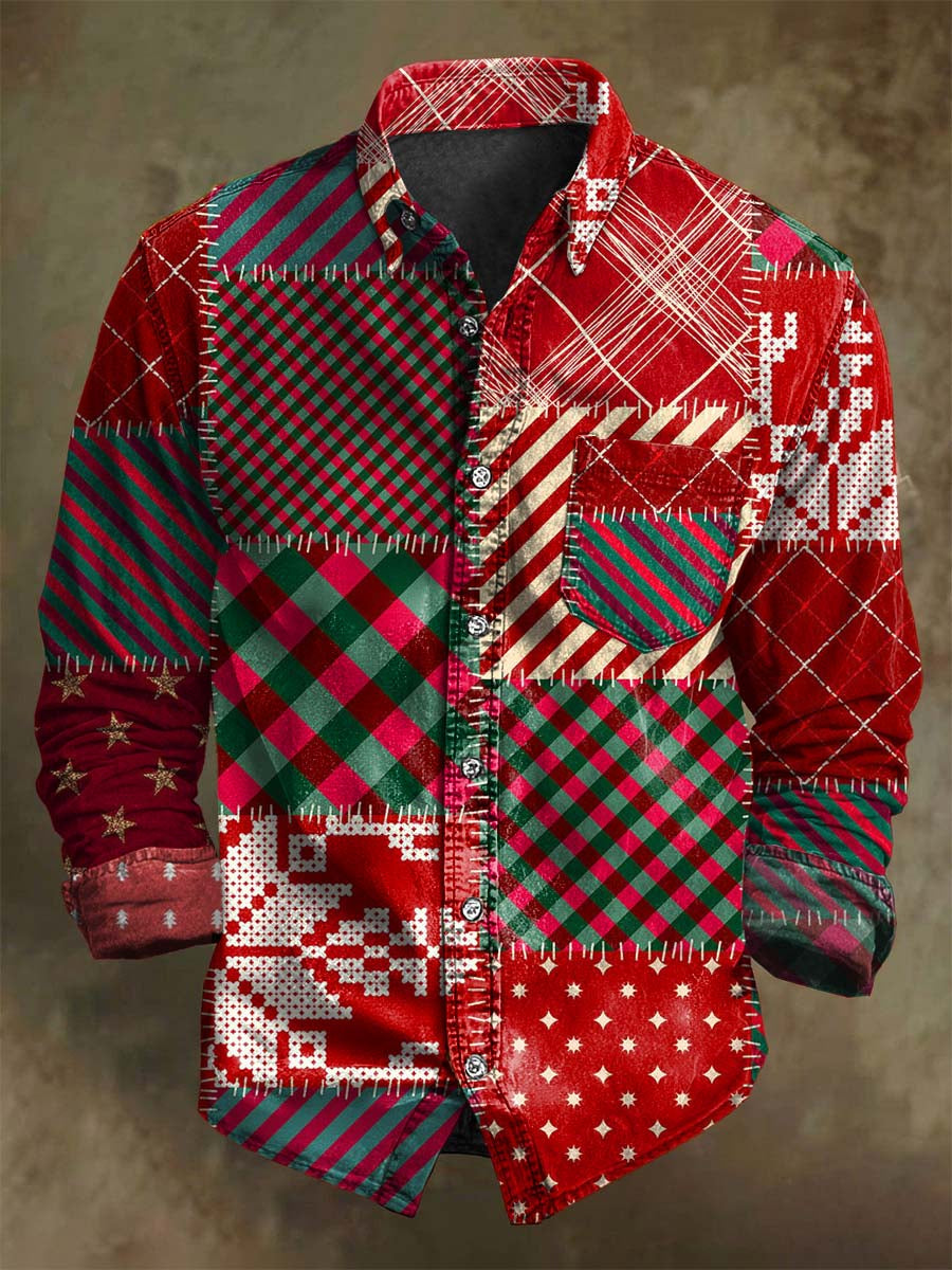 Irregular Patchwork Print Casual Long-Sleeve Shirt for Christmas