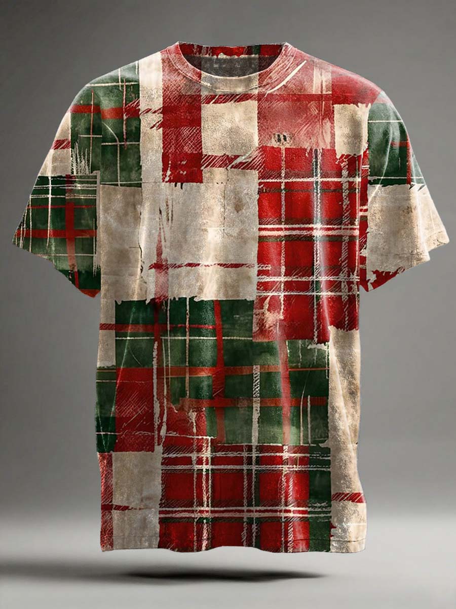 Retro Christmas Plaid Print Casual Short-Sleeve T-Shirt