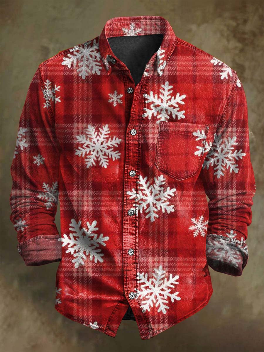 Christmas Snowflake Plaid Print Casual Long-Sleeve Shirt