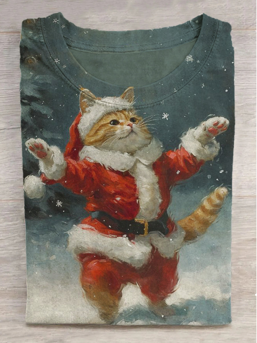 Snowy Christmas Cat Print Short Sleeve T-Shirt