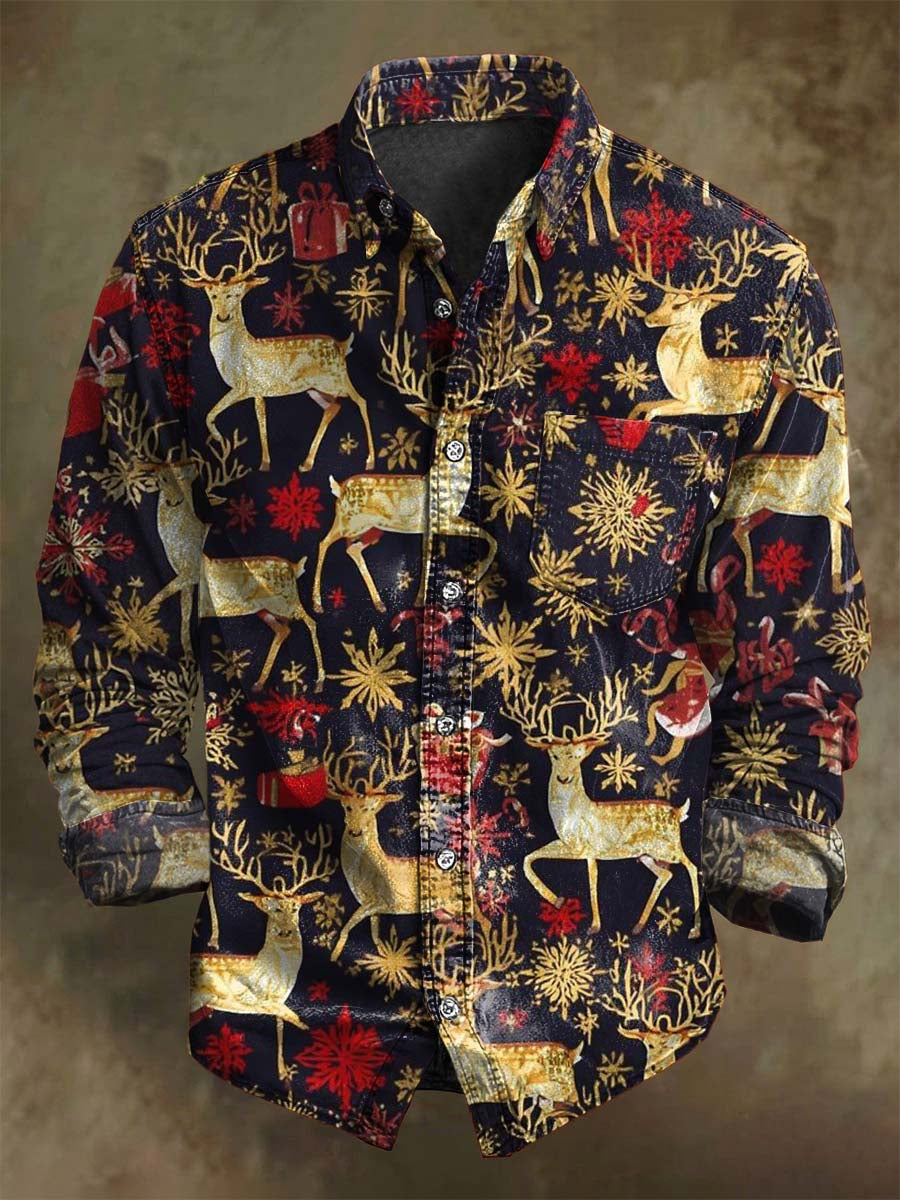 Christmas Reindeer Print Casual Long-Sleeve Shirt