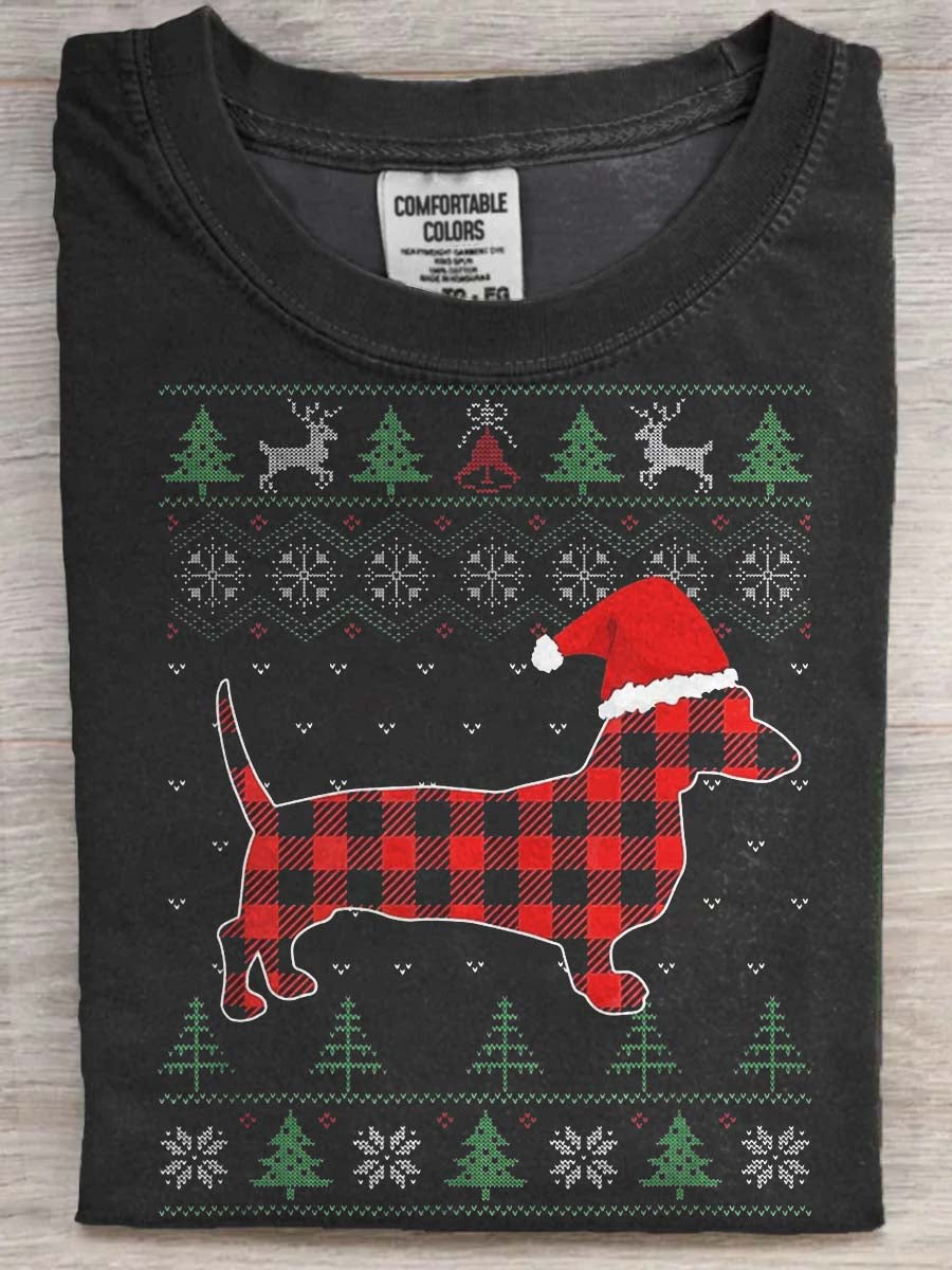 Christmas Dachshund Print Casual Short-Sleeve T-Shirt