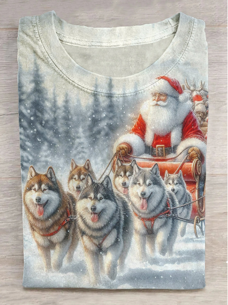 Christmas Sled Dog Print Short Sleeve T-Shirt