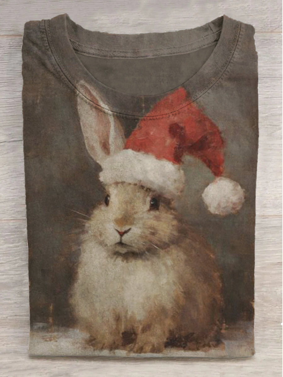 Christmas Bunny Ears Santa Hat Print Short Sleeve T-Shirt