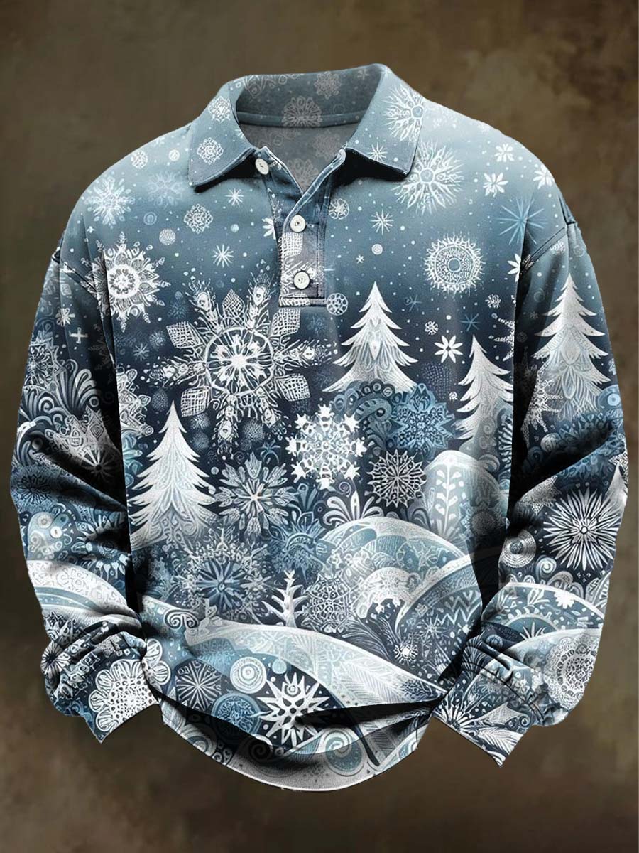 Christmas Snowflake Print Casual Long-Sleeve Polo Shirt