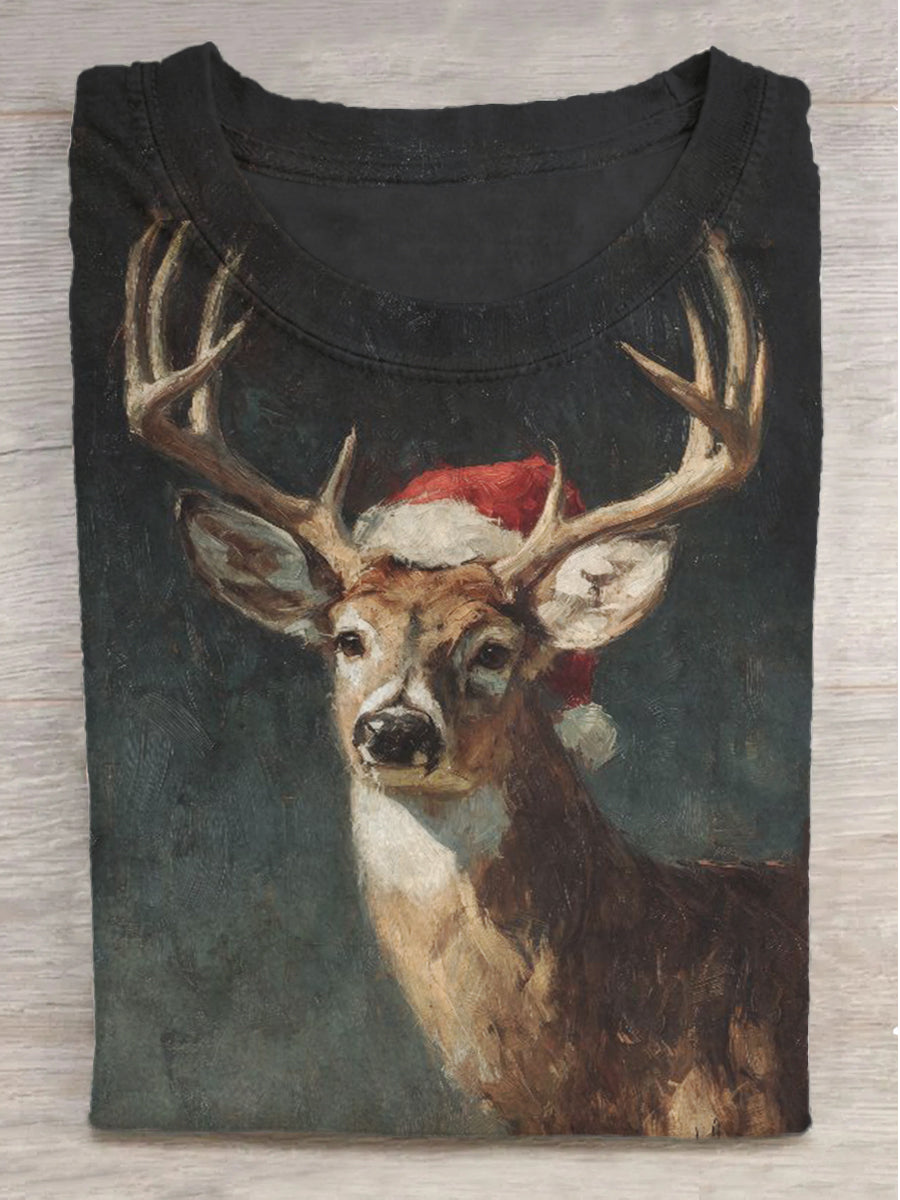 Christmas Elk Printed Short Sleeve T-Shirt