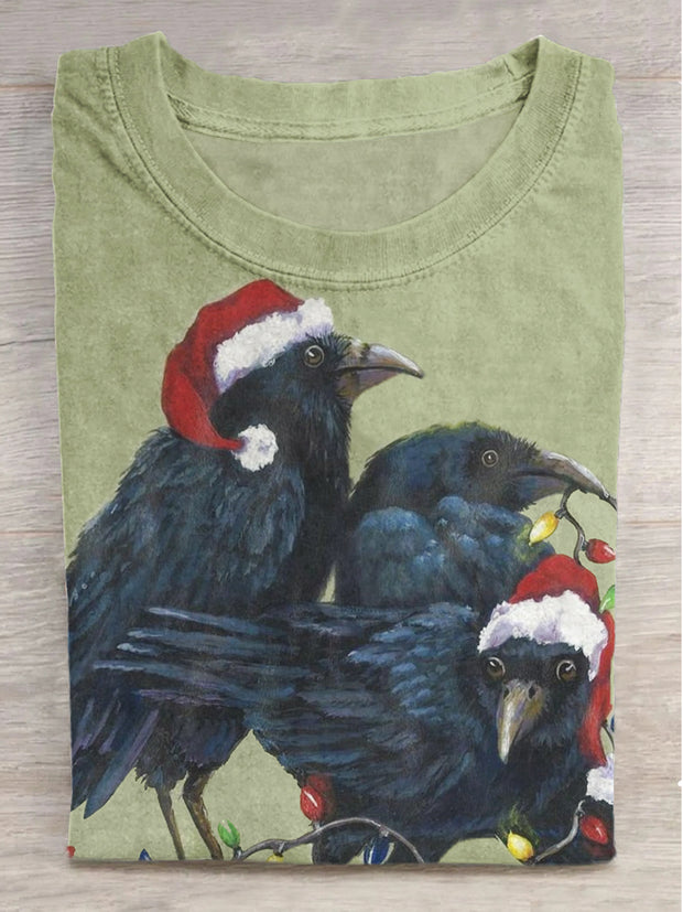 Christmas Crow Print Short Sleeve T-Shirt