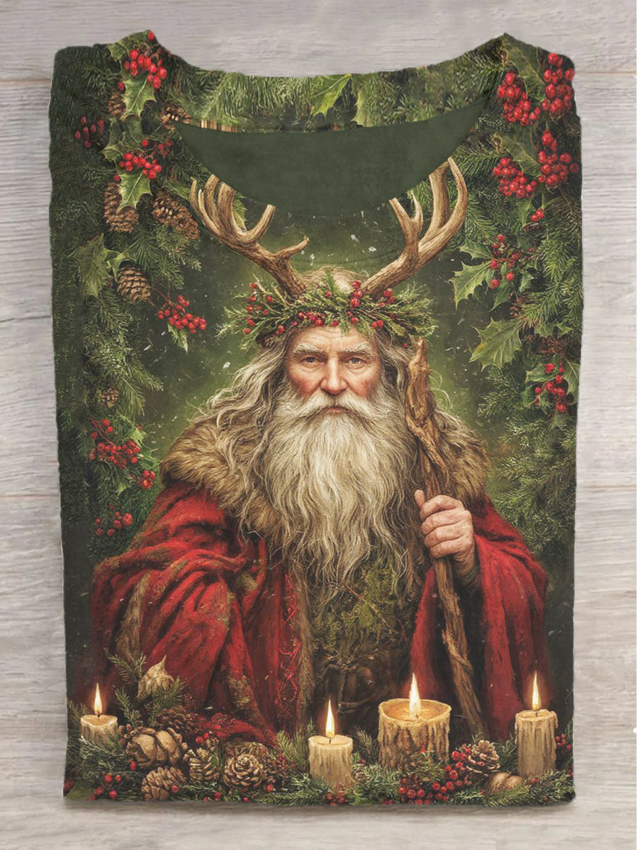 Christmas Holly King and Candle Print Short Sleeve T-Shirt