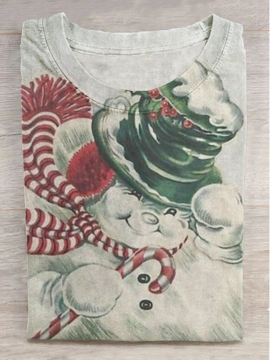 Happy Christmas Snowman Print Short Sleeve T-Shirt